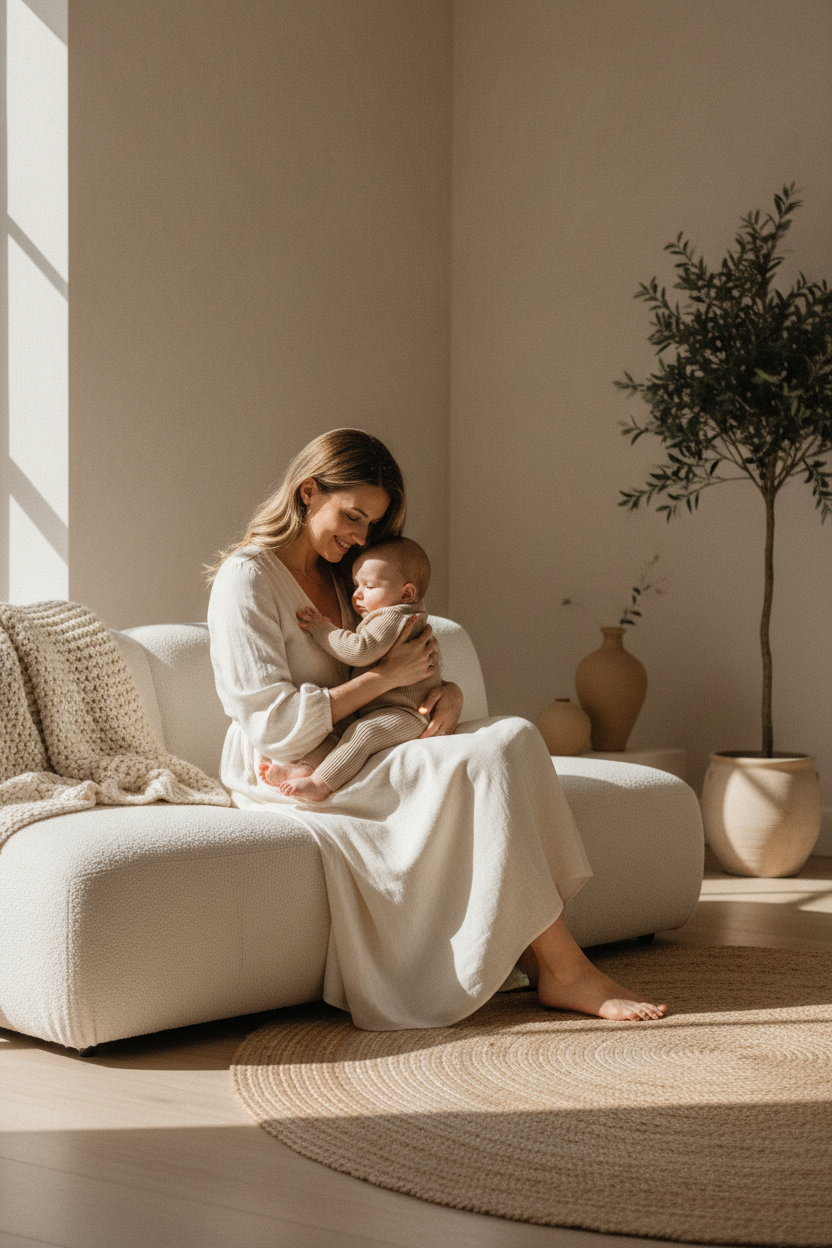 Mother sitting comfortably with baby in a warm neutral home