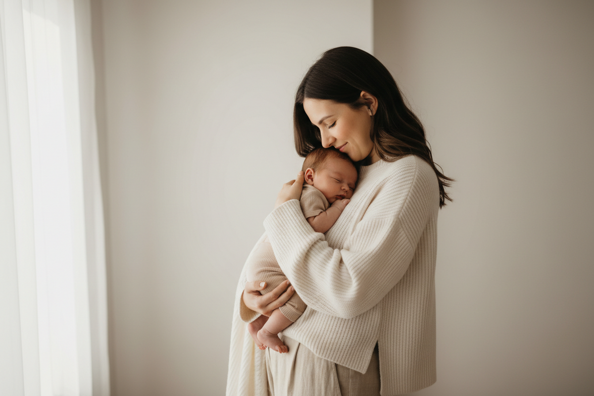 Mother and baby together in warm natural light