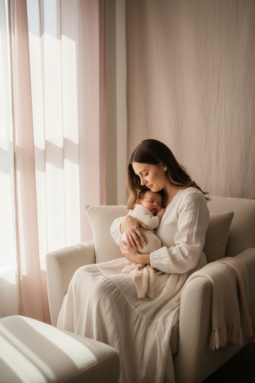 Mother holding baby by a window in warm natural light